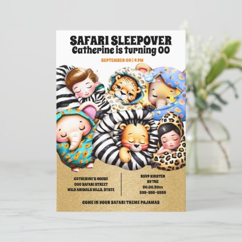 Safari pajama wild animals sleepover slumber party invitation