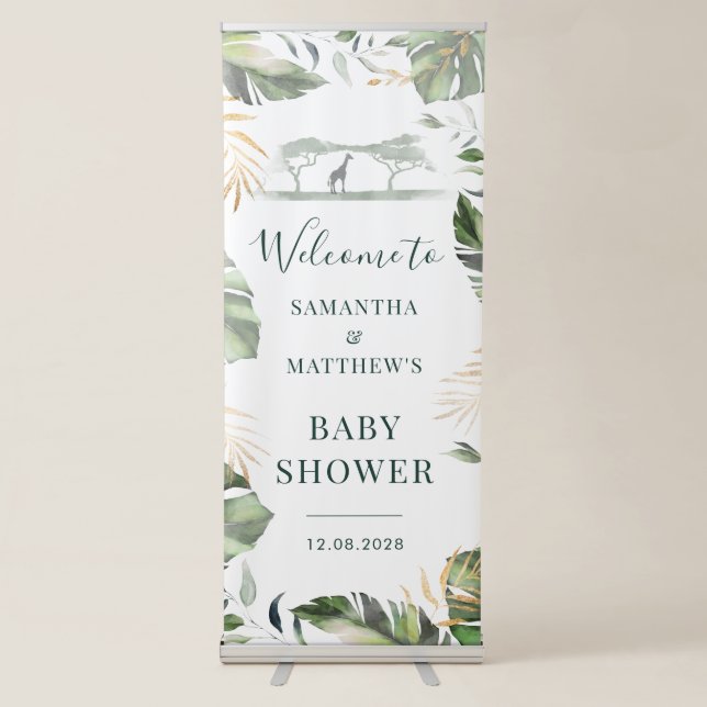 Safari Palm Greenery Couples Baby Shower Welcome Retractable Banner (Front)