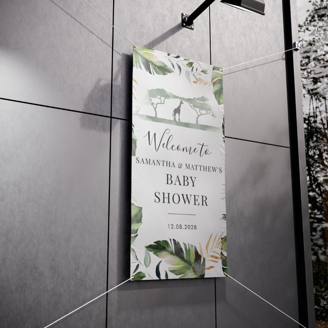 Safari Palm Leaves Couples Baby Shower Welcome Banner (Jungle Safari Couples Baby Shower Welcome Sign)