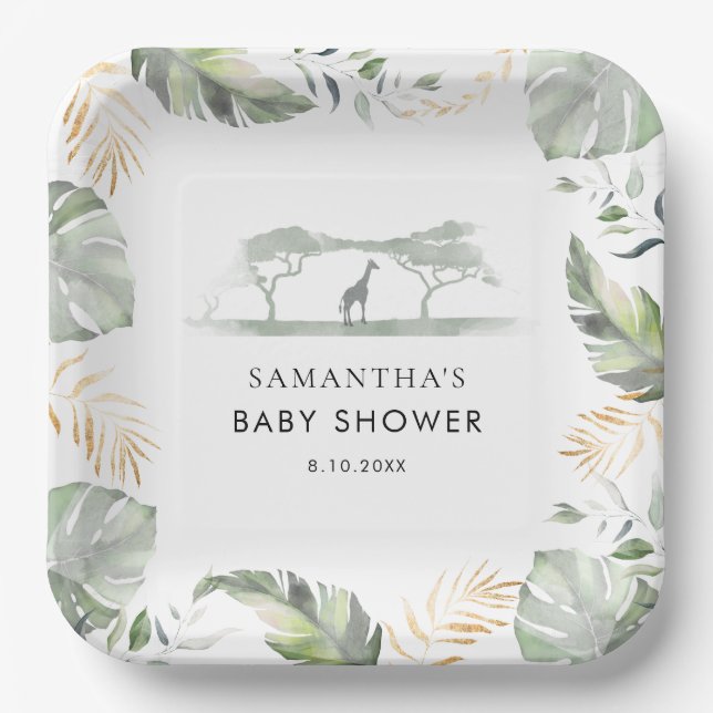 Safari Palm Leaves Giraffe Baby Shower Paper Plates (Front)