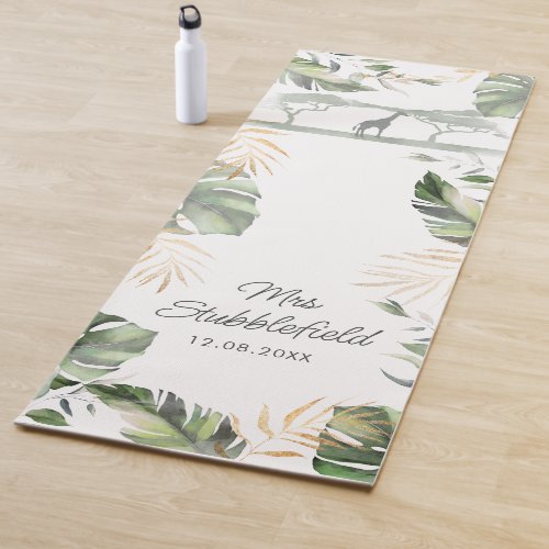 Safari Palm Leaves Newlywed Botanical Script Mrs Yoga Mat