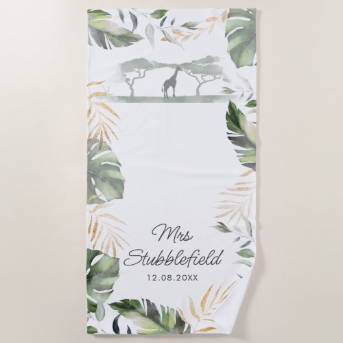 Safari Palm Leaves Newlyweds Script Mrs Beach Towel