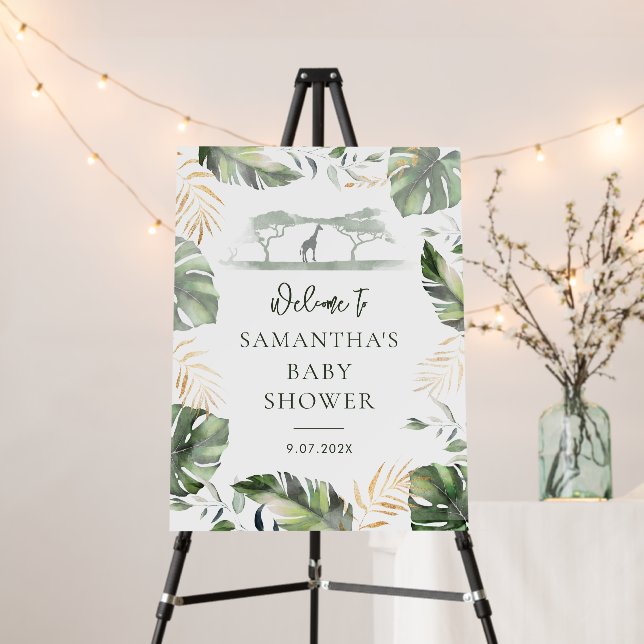 Safari Palm Leaves Script Baby Shower Welcome Foam Board (In Situ (Stand))