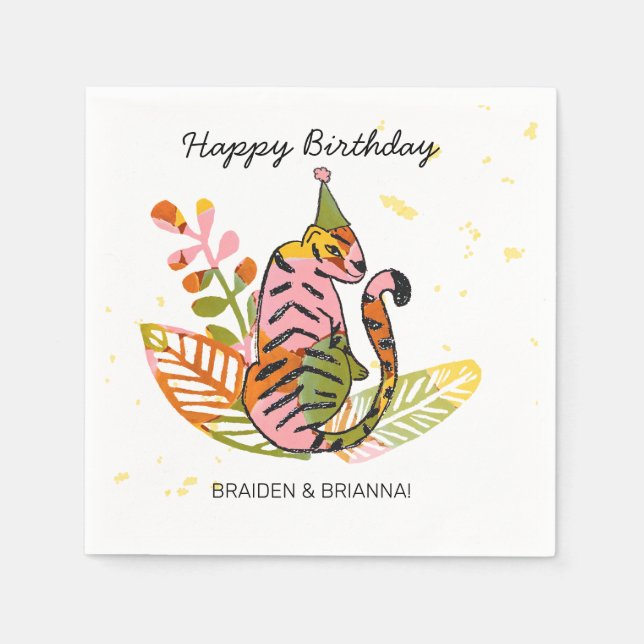 Safari Party Animal Hand Drawn Kids Joint Birthday Napkins (Front)