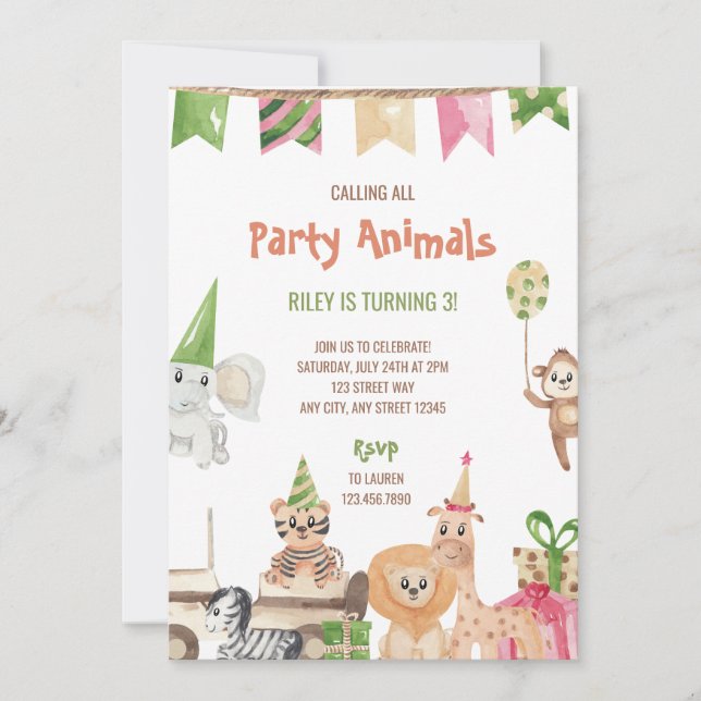 Safari Party Animals Birthday Invitation (Front)