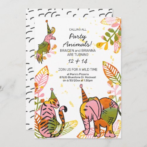 Safari Party Animals Hand Drawn Kid Joint Birthday Invitation