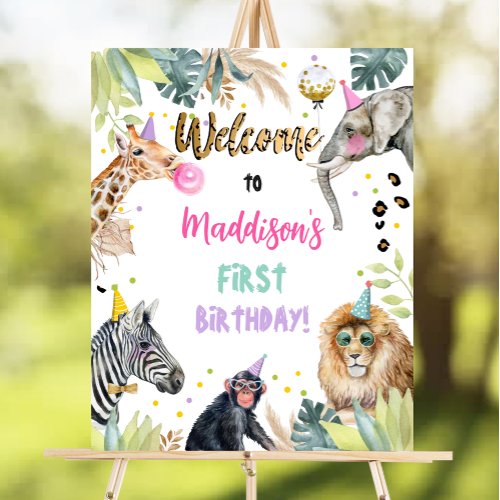 Safari Party Animals Wild Girl Birthday Welcome Poster