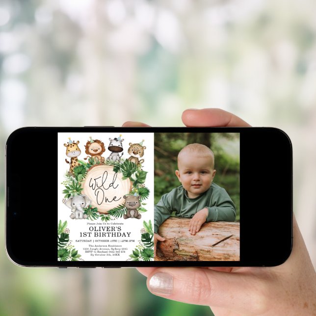 Safari Party Animals Wild One 1st Birthday Photo Invitation (Front Digital)