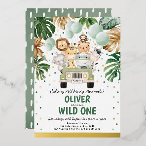 Safari Party Animals Wild One Boy 1st Birthday  Foil Invitation