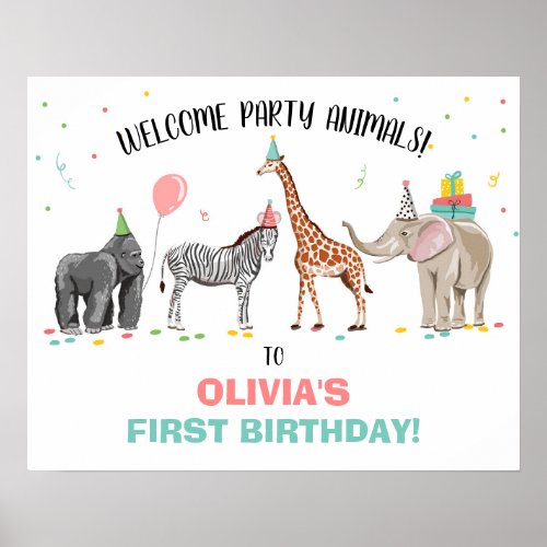 Safari Party Animals Zoo Girl Birthday Welcome  Poster