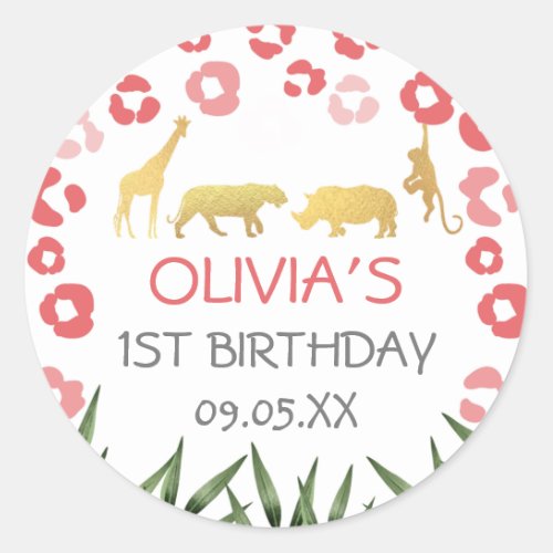 Safari Pink And Gold Animal Wild One 1st Birthday  Classic Round Sticker