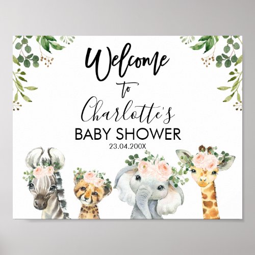 Safari Pink Floral Baby Shower Welcome Poster