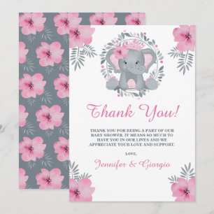Safari Pink Floral Elephant Baby Shower Thank You
