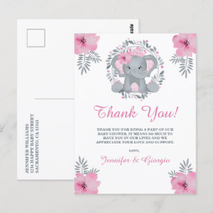 Safari Pink Floral Elephant Baby Shower Thank You Postcard