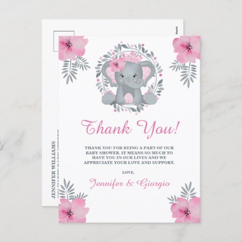 Safari Pink Floral Elephant Baby Shower Thank You Postcard