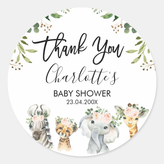 Safari Pink Floral Foliage Baby Shower Favor Stick Classic Round Sticker (Front)