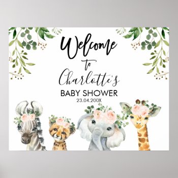 Safari Pink Floral Foliage Baby Shower Welcome Poster by figtreedesign at Zazzle