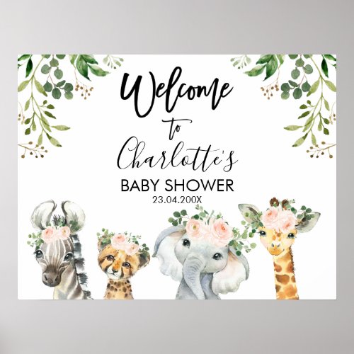 Safari Pink Floral Foliage Baby Shower Welcome Poster
