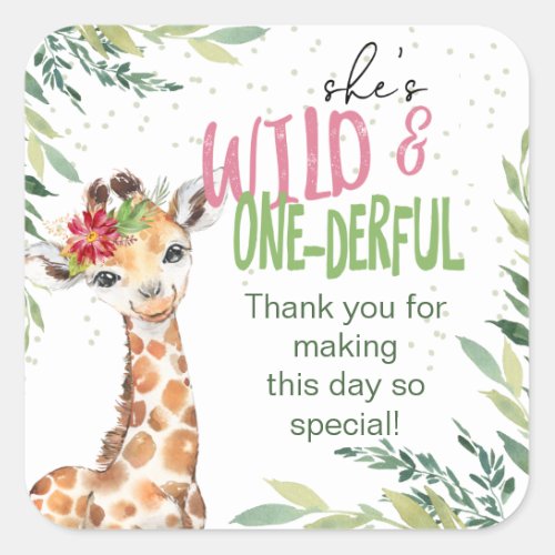 Safari Pink Giraffe Wild One 1st Birthday Party Square Sticker