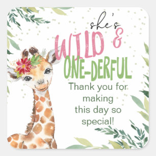 Safari Pink Giraffe Wild One 1st Birthday Party Square Sticker