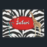 Safari Placemat<br><div class="desc">“Safari” is printed in fun white lettering across a bright red oval with a black border on zebra print. An impish black monkey, stately giraffe, and foreboding green snake add excitement to this 12” x 18” paper placemat. See matching cloth placemat, cloth napkin, paper cocktail napkin and coasters. See the...</div>