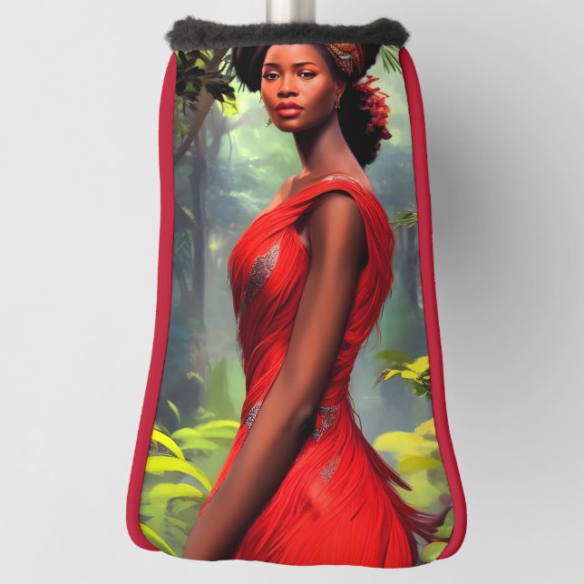 Safari Queen: Majestic African Woman Red Feathers Golf Head Cover (Rotate 90)