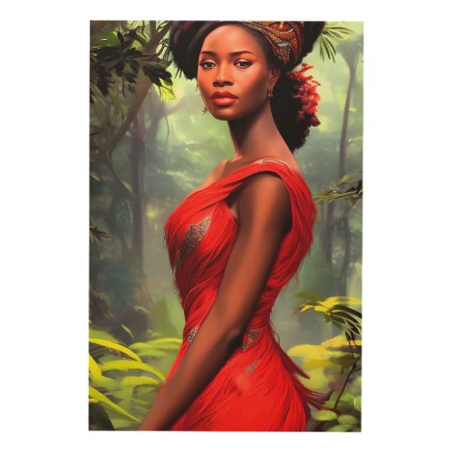 Safari Queen Majestic African Woman Red Feathers Wood Wall Art