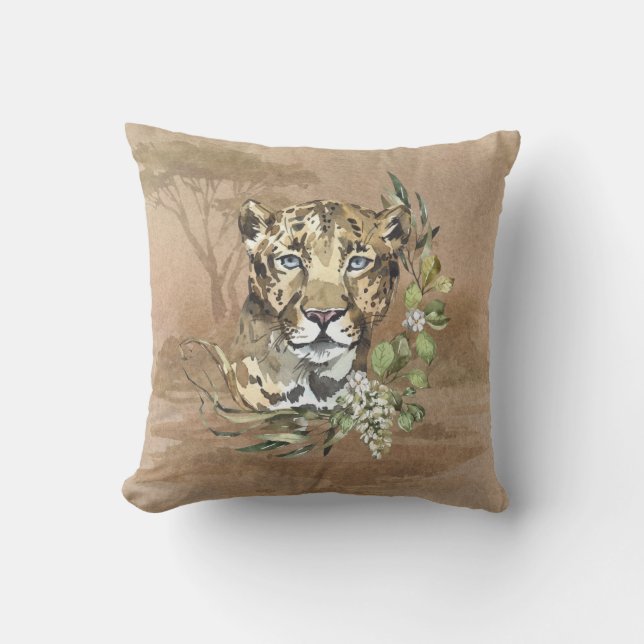 Safari Savanna Sahara Leopard Blue Eyes Throw Pillow (Front)