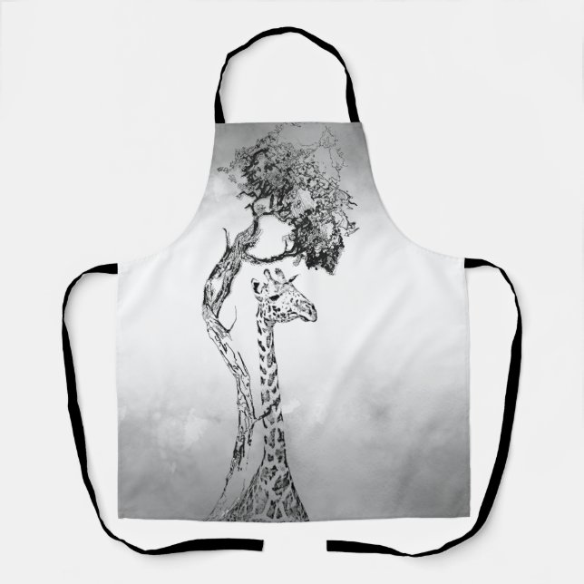 Safari Scene with Giraffe and Tree Ink Art Apron (Front)
