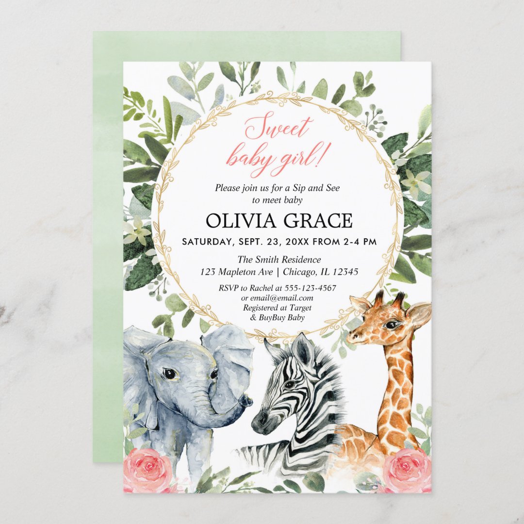 Safari Sip and See, Meet baby girl jungle theme Invitation | Zazzle