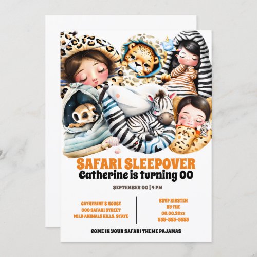 Safari sleepover slumber pajama wild animals kids invitation