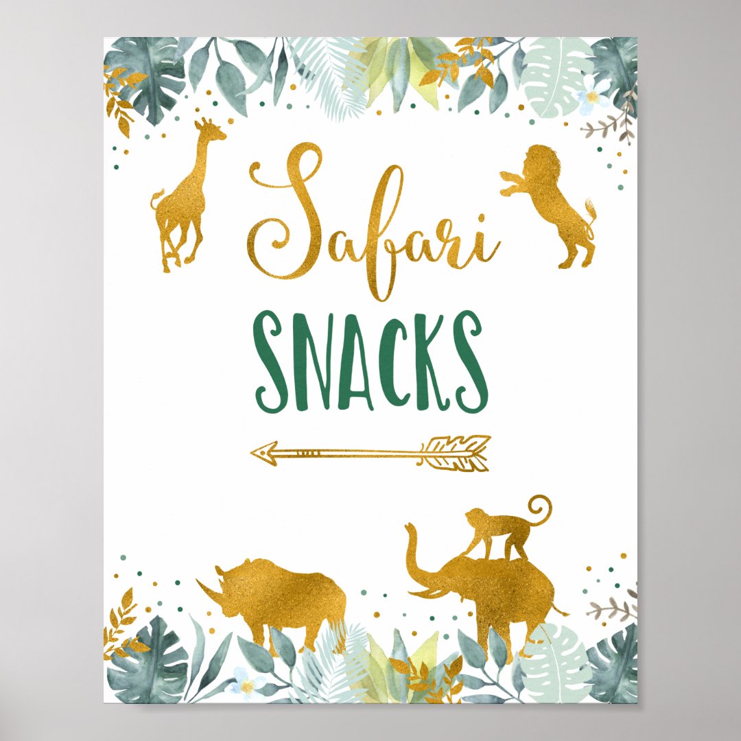 Safari Snacks Greenery Gold Birthday Sign | Zazzle