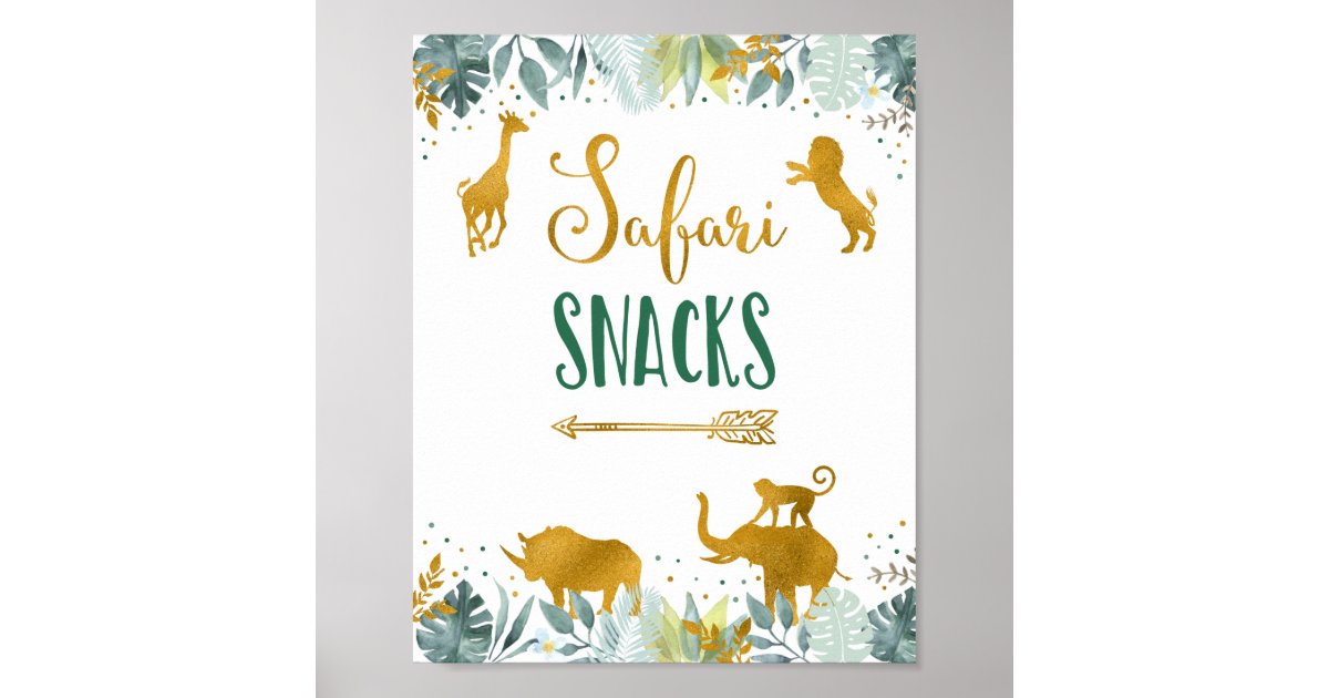 Safari Snacks Greenery Gold Birthday Sign | Zazzle