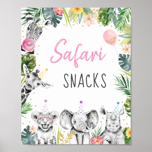 Safari Snacks Pink Gold Tropical Safari Birthday Poster