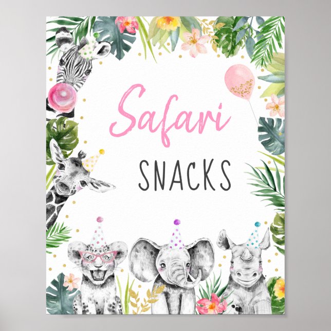Safari Snacks Pink Gold Tropical Safari Birthday Poster (Front)