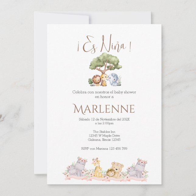 Safari Spanish Baby Shower Girl invitation (Front)