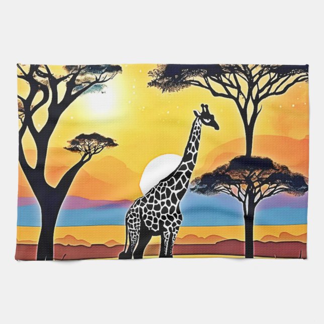 Safari Sunset: Giraffe's Embrace Kitchen Towel (Horizontal)