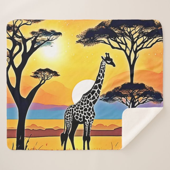 Safari Sunset: Giraffe's Embrace Sherpa Blanket (Front (Horizontal))