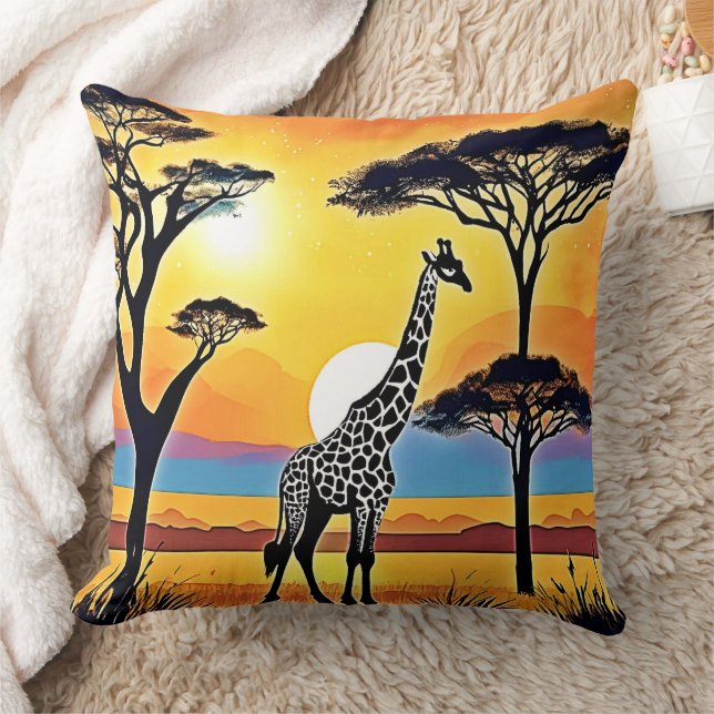 Safari Sunset: Giraffe's Embrace Throw Pillow (Blanket)