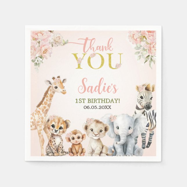 Safari Sweet Girl Floral Birthday  Napkins (Front)