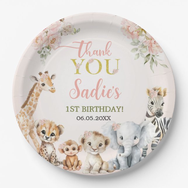 Safari Sweet Girl Floral Birthday Paper Plates (Front)