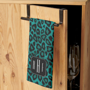 Safari Teal Leopard - Monogram Kitchen Towel
