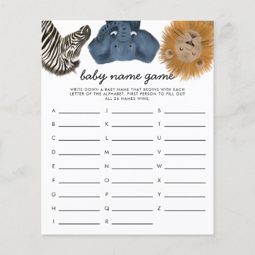 Safari Theme Baby Name Shower Game