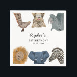 Safari Theme Birthday Party Kids Napkins<br><div class="desc">Fun and cute safari theme birthday party paper napkin featuring illustrations of zoo animals including a giraffe,  snow leopard,  rhino,  lion,  elephant,  and zeebra. Perfect for a boy's party.</div>