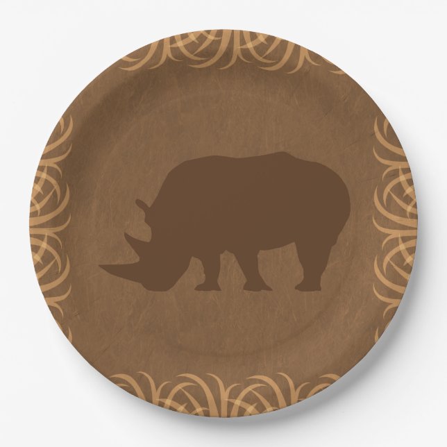 Safari Theme Rhino with Tall Grass Border Paper Plates (Front)