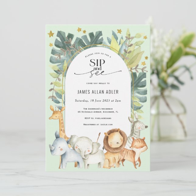 safari themed cute sip and see baby shower invitation (Standing Front)