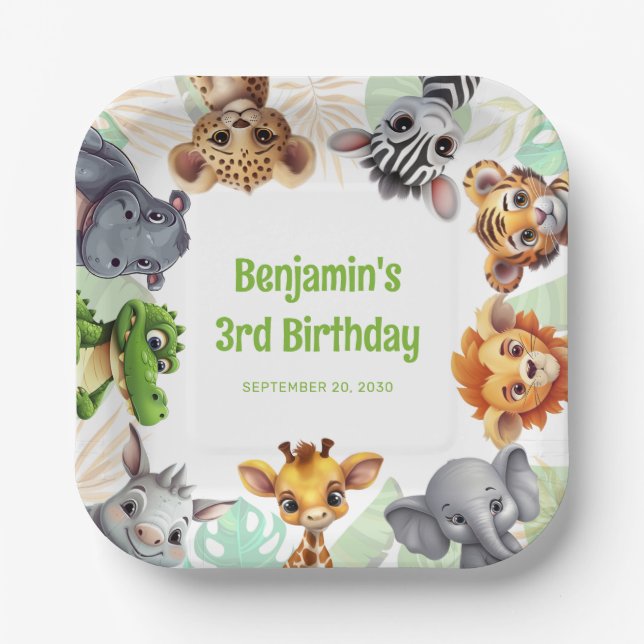 Safari Themed Jungle Animal Child's Birthday Party Paper Plates (Front)