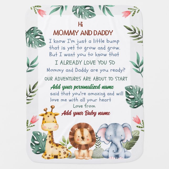 Safari-Themed Newborn Blanket with Custom Message (Front)