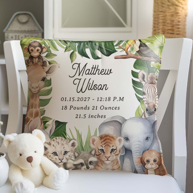 Safari themed nursery birth stats baby animals  throw pillow (Jungle Animals Themed New Baby Boy Nursery Pillow Birth Stats)