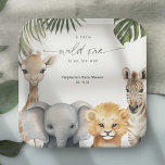 Safari Themed Wild One Animals Baby Boy Shower Paper Plates<br><div class="desc">Celebrate the arrival of a baby boy with PixeliaDesigns' "Wild One Safari Animals" baby shower paper plates, designed to add a touch of adventure to your special occasion. Each plate features adorable watercolor illustrations of cute safari baby animals surrounded by lush tropical leaves, perfect for a "Little Wild One" theme....</div>